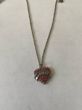 Believe Heart Pendant Necklace with Pink Crystal Accents